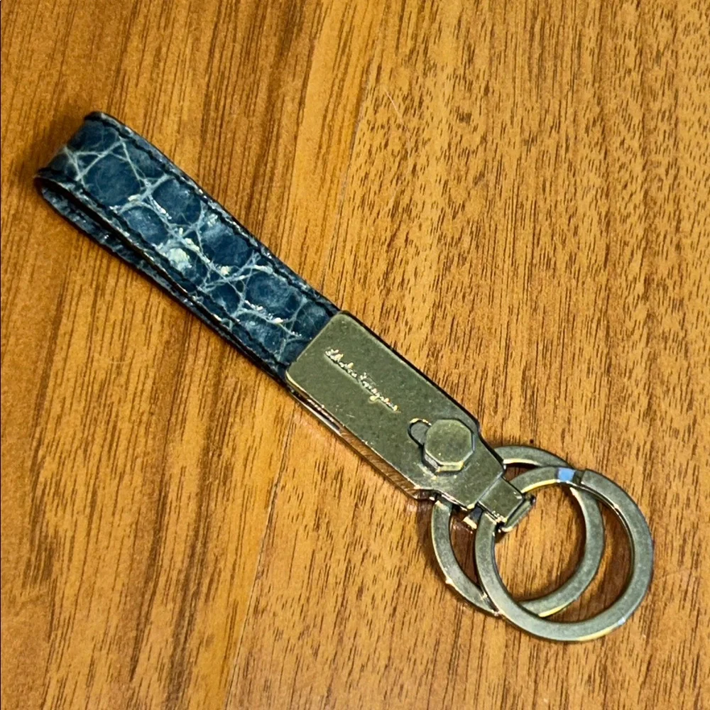 Authentic Salvatore Ferragamo Gancini Crocodile Embossed Leather Keychain